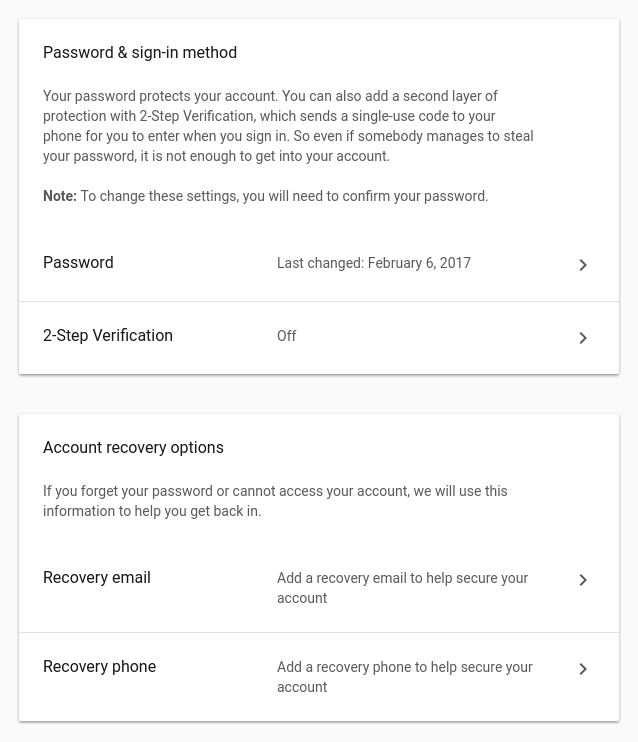 Security settings overview