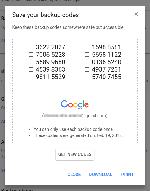 2-Step verification backup codes